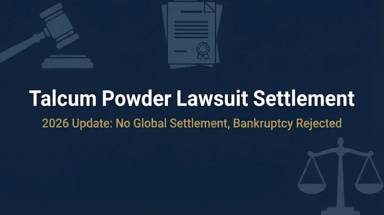 Talcum powder lawsuit settlement 2026 banner showing no global settlement.
