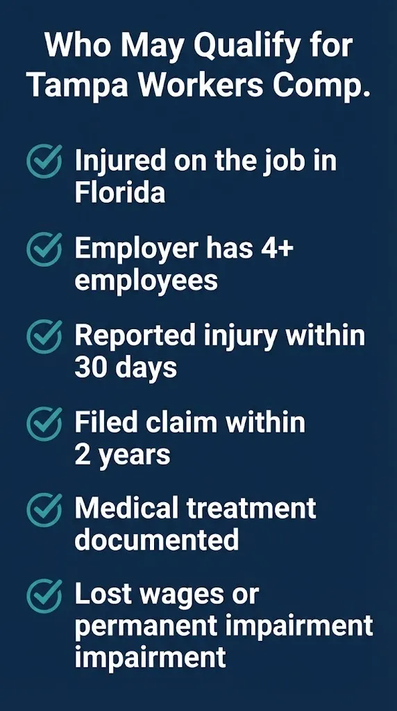 Tampa workers compensation eligibility checklist with six criteria and checkmarks.