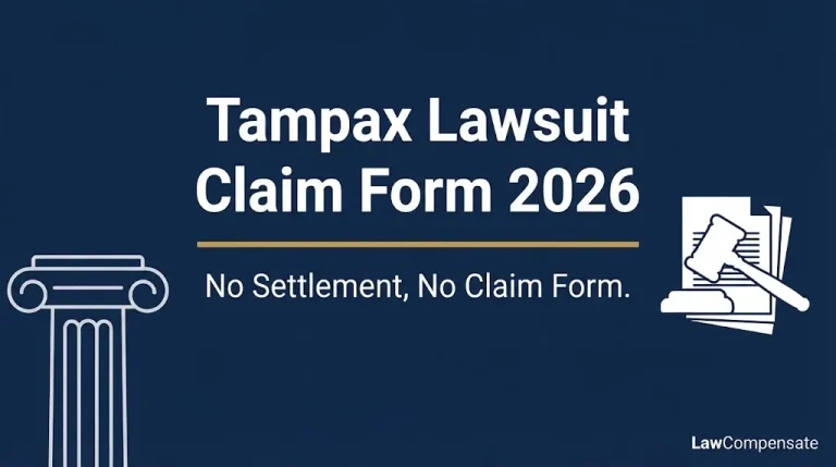 Tampax lawsuit claim form 2026 banner showing no settlement and no claim form available.