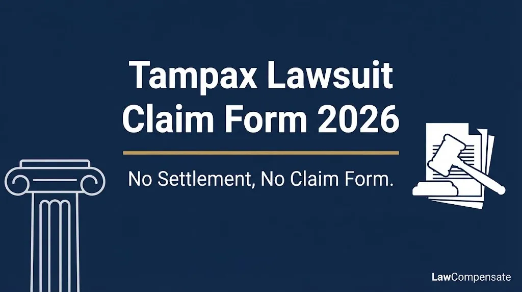 Tampax lawsuit claim form 2026 banner showing no settlement and no claim form available.