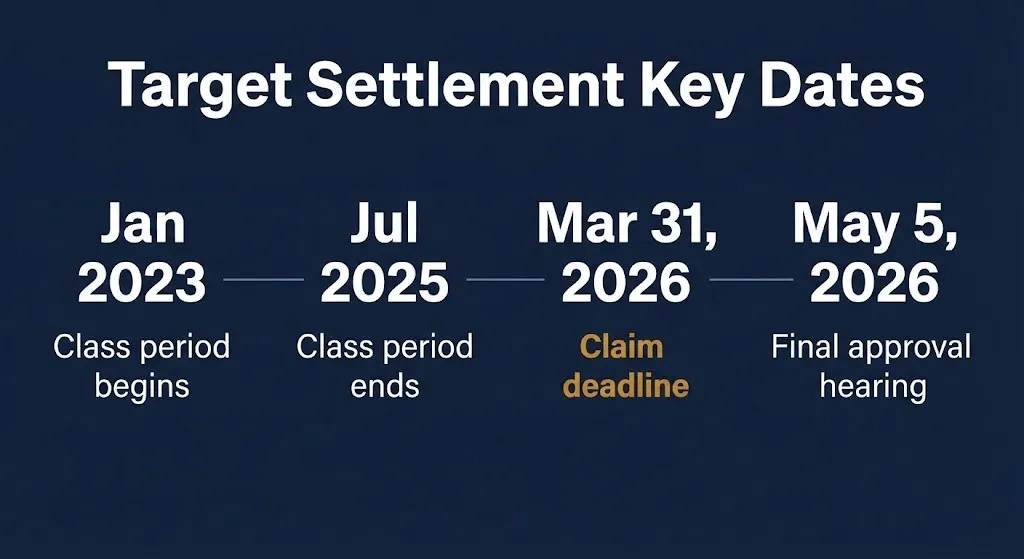 Target settlement timeline showing class period, claim deadline, and final approval dates.