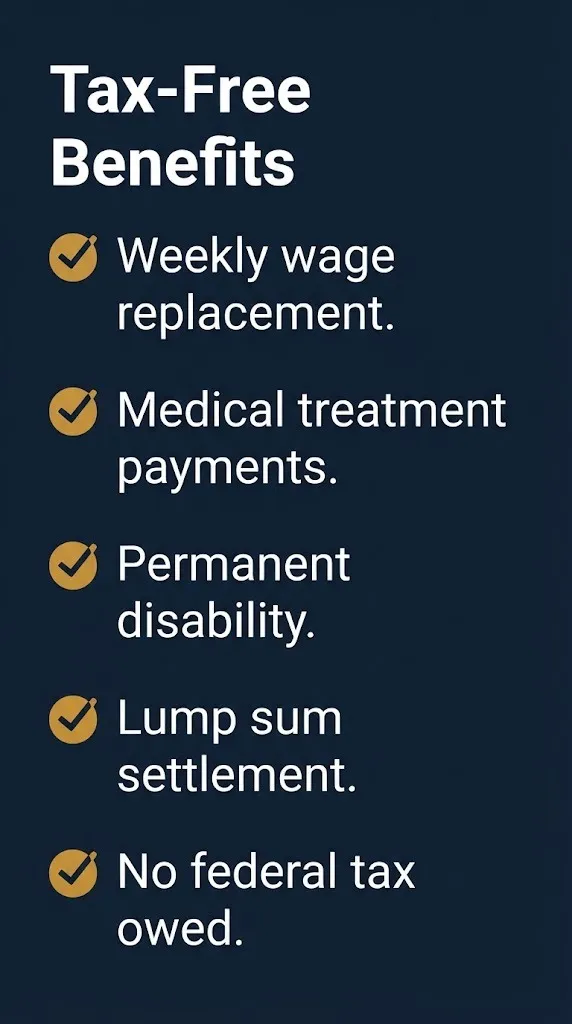 Tax-free workers compensation benefits checklist with five items on navy infographic