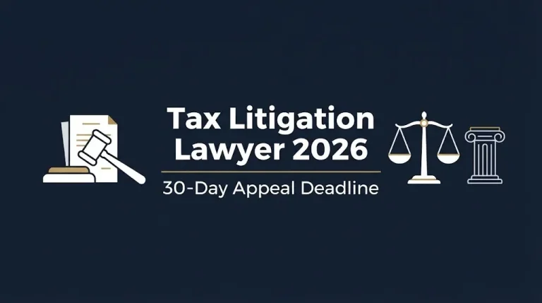 Tax litigation lawyer 2026 hero banner with 30-day appeal deadline fact and legal symbols on navy background.