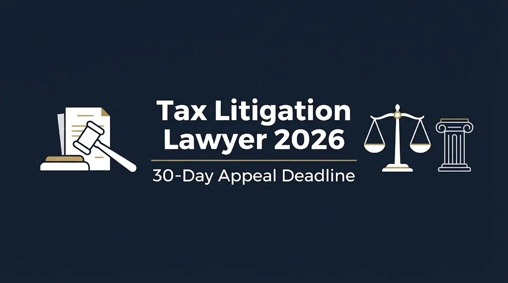 Tax litigation lawyer 2026 hero banner with 30-day appeal deadline fact and legal symbols on navy background.