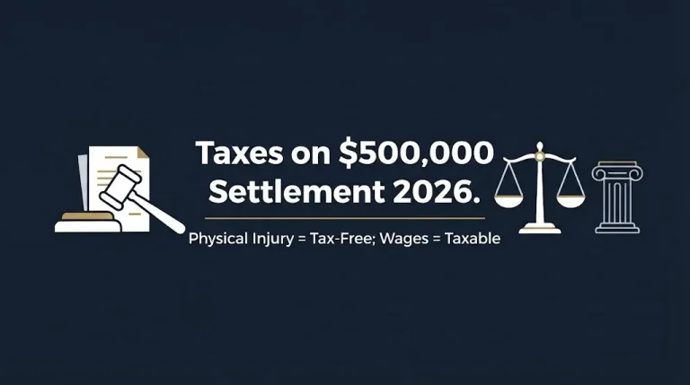 Taxes on $500,000 settlement 2026 hero banner showing physical injury tax-free vs wage taxable fact.