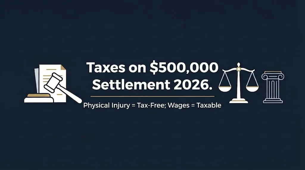 Taxes on $500,000 settlement 2026 hero banner showing physical injury tax-free vs wage taxable fact.