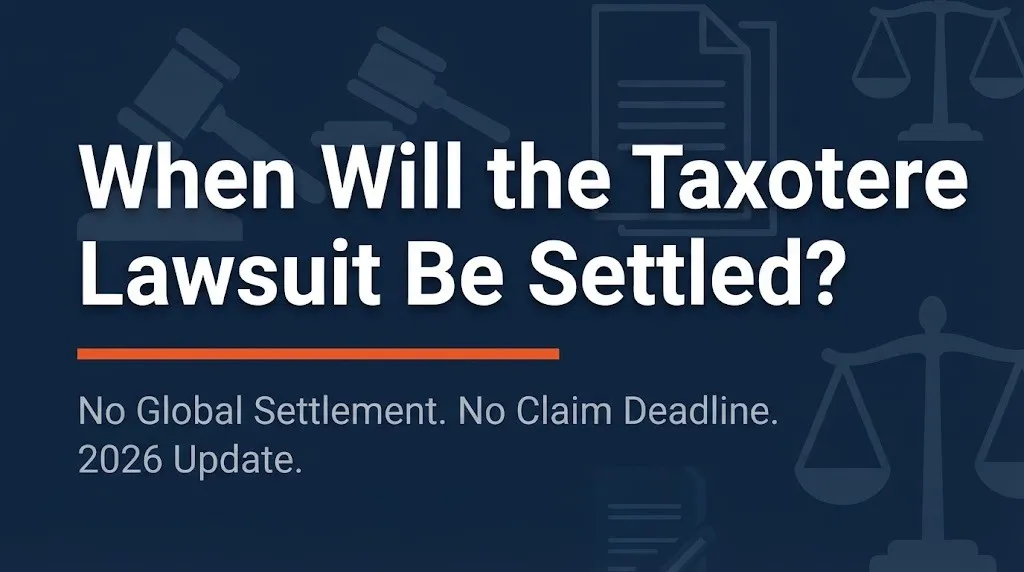 Taxotere lawsuit 2026 status banner showing no global settlement and no claim deadline set.