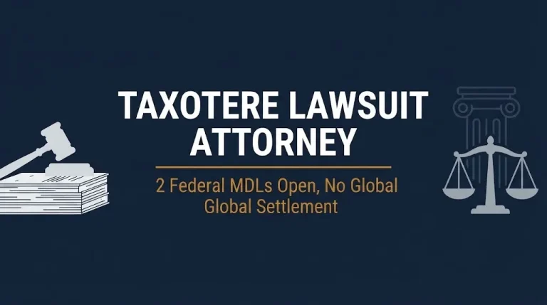 Taxotere lawsuit attorney banner noting two federal MDLs open and no global settlement in 2026