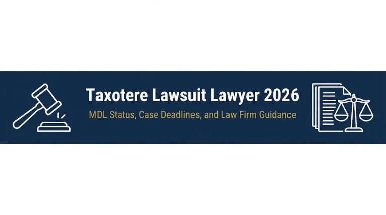 Taxotere lawsuit lawyer 2026 banner with MDL status and law firm guidance text.