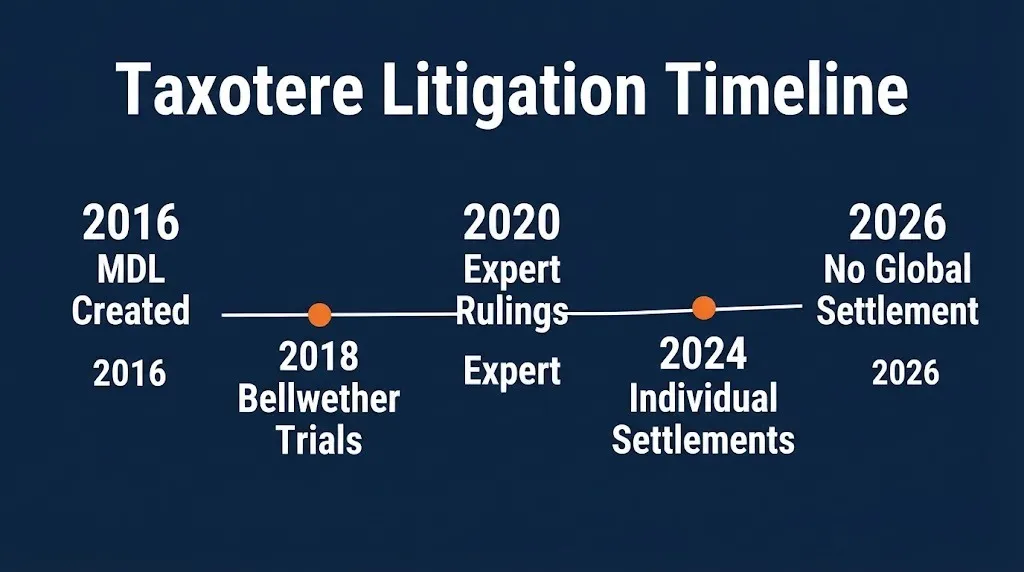Taxotere lawsuit timeline from MDL creation in 2016 to no global settlement in 2026.