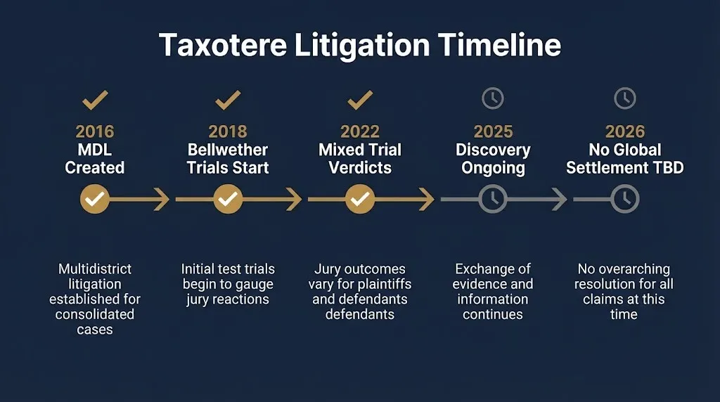 Taxotere litigation timeline showing MDL milestones and settlement status through 2026.