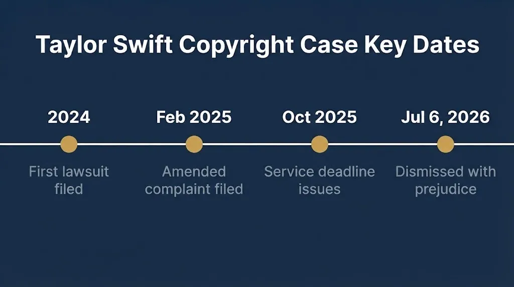 Taylor Swift copyright lawsuit timeline from 2024 filing to 2026 dismissal