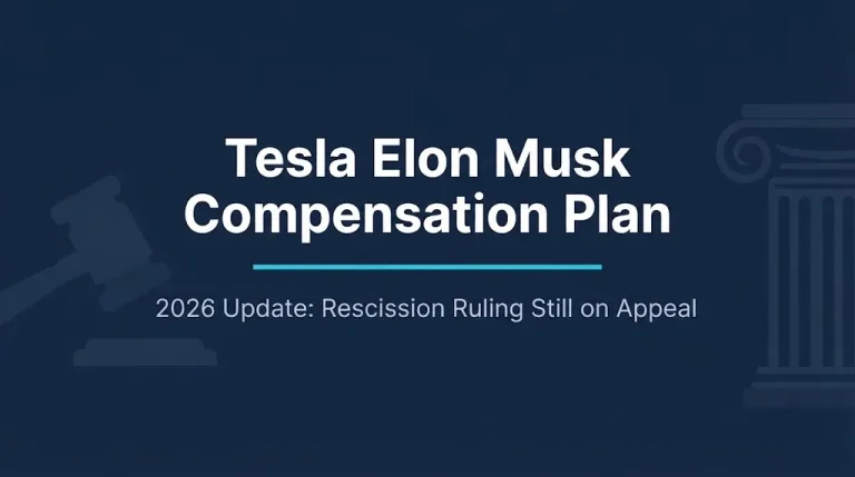 Tesla Elon Musk compensation plan 2026 status showing Delaware rescission ruling still under appeal.
