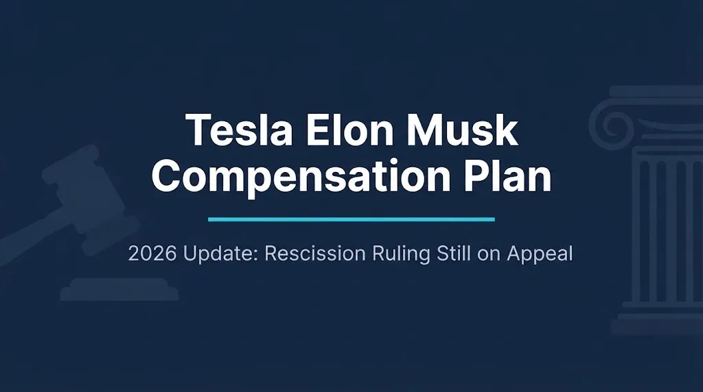 Tesla Elon Musk compensation plan 2026 status showing Delaware rescission ruling still under appeal.