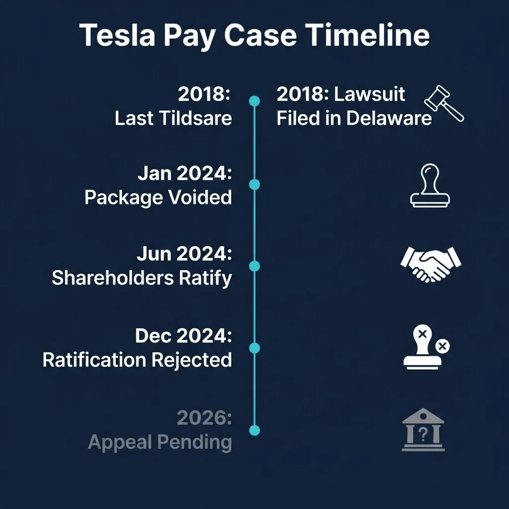 Tesla Elon Musk pay case timeline from 2018 filing through 2026 pending appeal with key rulings marked.