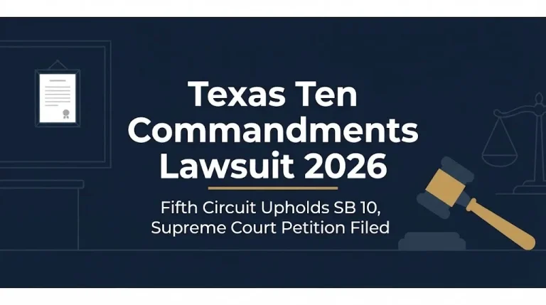 Texas Ten Commandments lawsuit 2026 banner with Fifth Circuit ruling and Supreme Court petition.