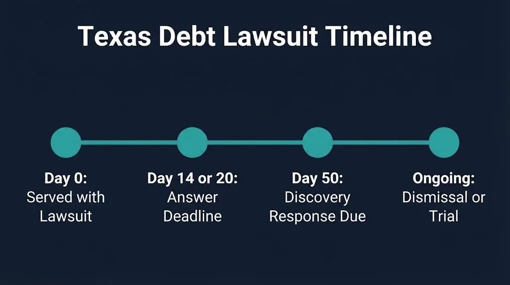 Texas debt lawsuit timeline showing answer deadline and discovery response dates