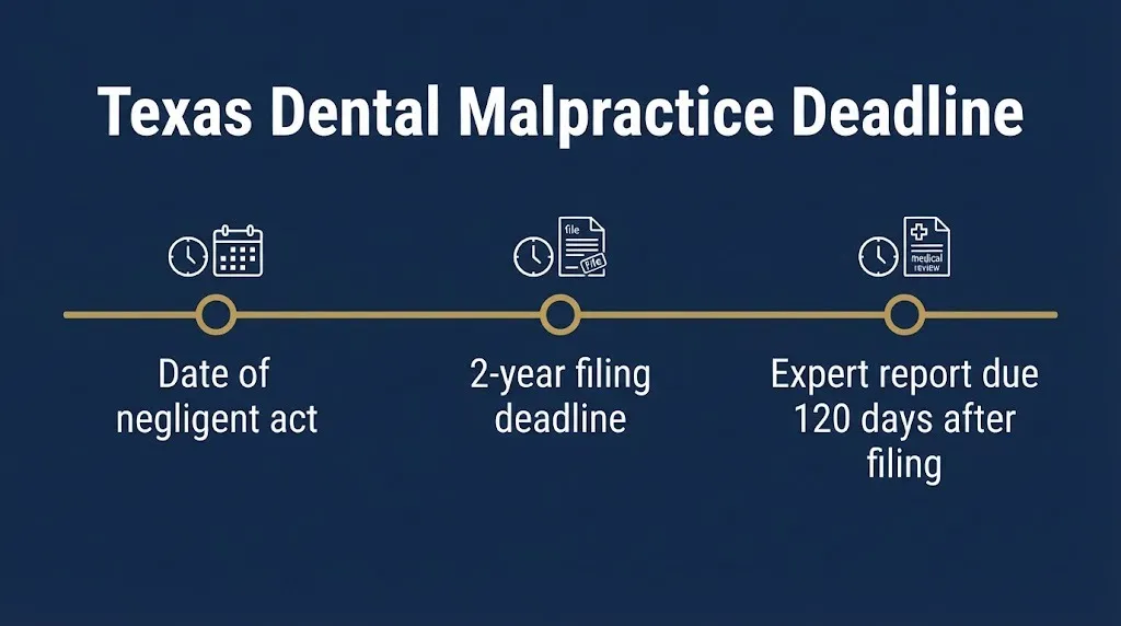Texas dental malpractice filing deadline timeline for White Settlement Family Dentistry claims.