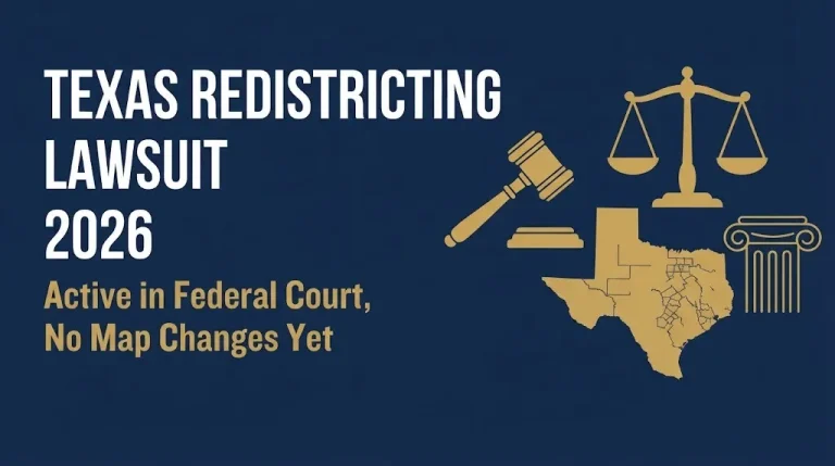 Texas redistricting lawsuit 2026 headline with gavel and Texas map showing active federal court status.