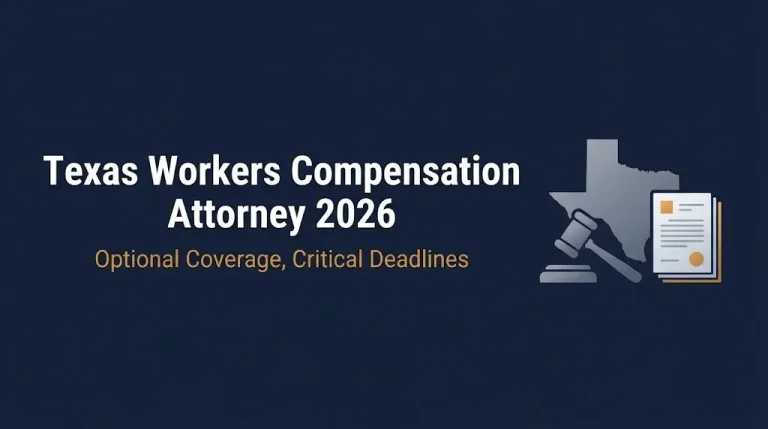 Texas workers compensation attorney 2026 banner showing gavel, state outline, and document graphics.