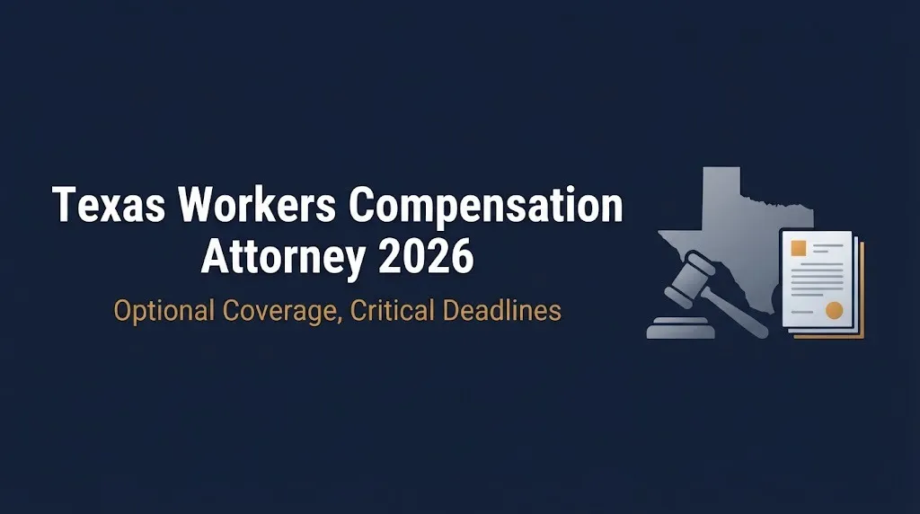 Texas workers compensation attorney 2026 banner showing gavel, state outline, and document graphics.