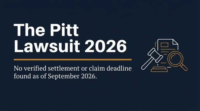 The Pitt lawsuit 2026 banner with no verified settlement found and legal search icons.