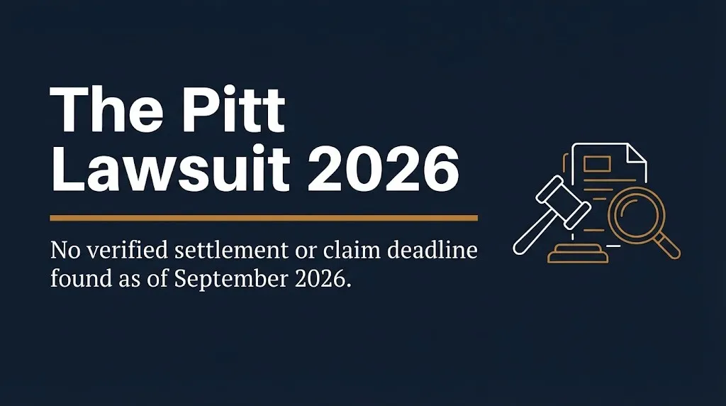 The Pitt lawsuit 2026 banner with no verified settlement found and legal search icons.