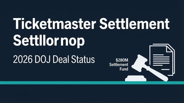 Ticketmaster settlement 2026 banner with $280M DOJ fund and gavel icon.