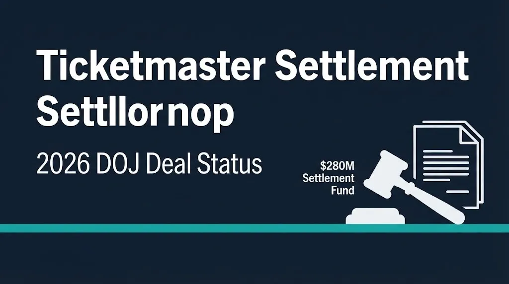 Ticketmaster settlement 2026 banner with $280M DOJ fund and gavel icon.