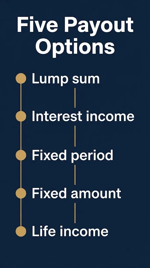 Tier graphic showing five life insurance settlement payout options for beneficiaries.