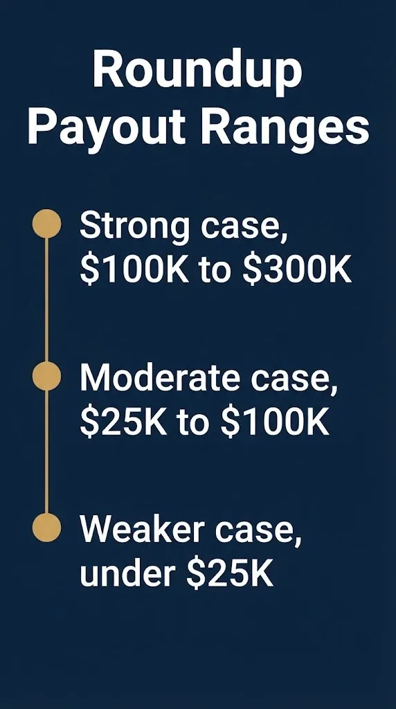 Tier graphic showing three Roundup settlement payout ranges based on case strength.