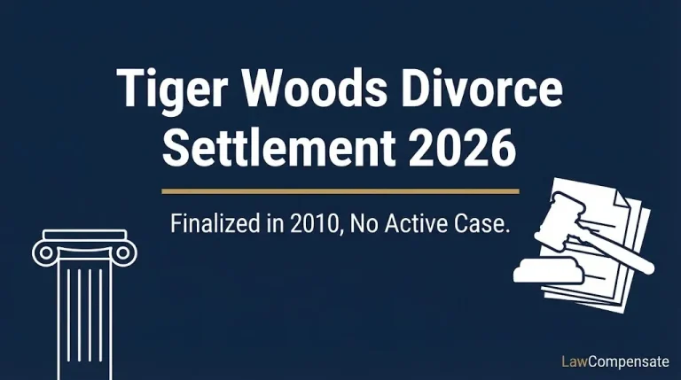 Tiger Woods divorce settlement 2026 banner showing finalized case from 2010 with no active claim available.