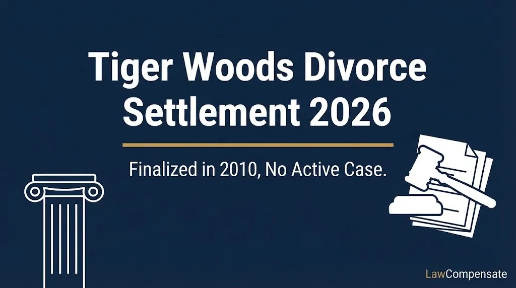 Tiger Woods divorce settlement 2026 banner showing finalized case from 2010 with no active claim available.