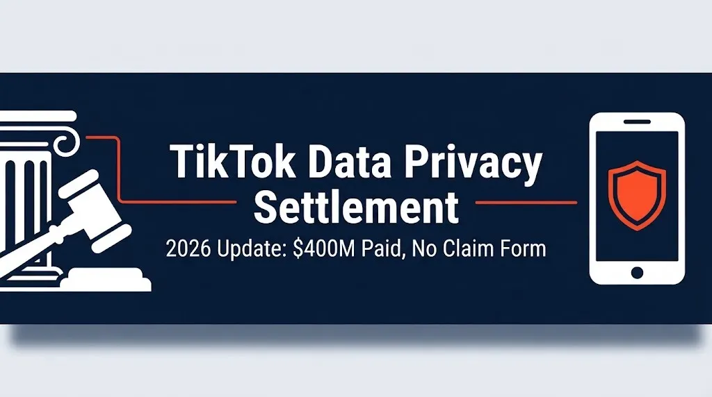 TikTok data privacy settlement 2026 banner with gavel icon and No Claim Form notice.