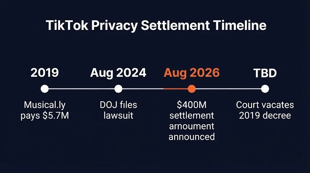 TikTok data privacy settlement timeline showing 2019 fine, 2024 lawsuit, and 2026 $400M resolution.