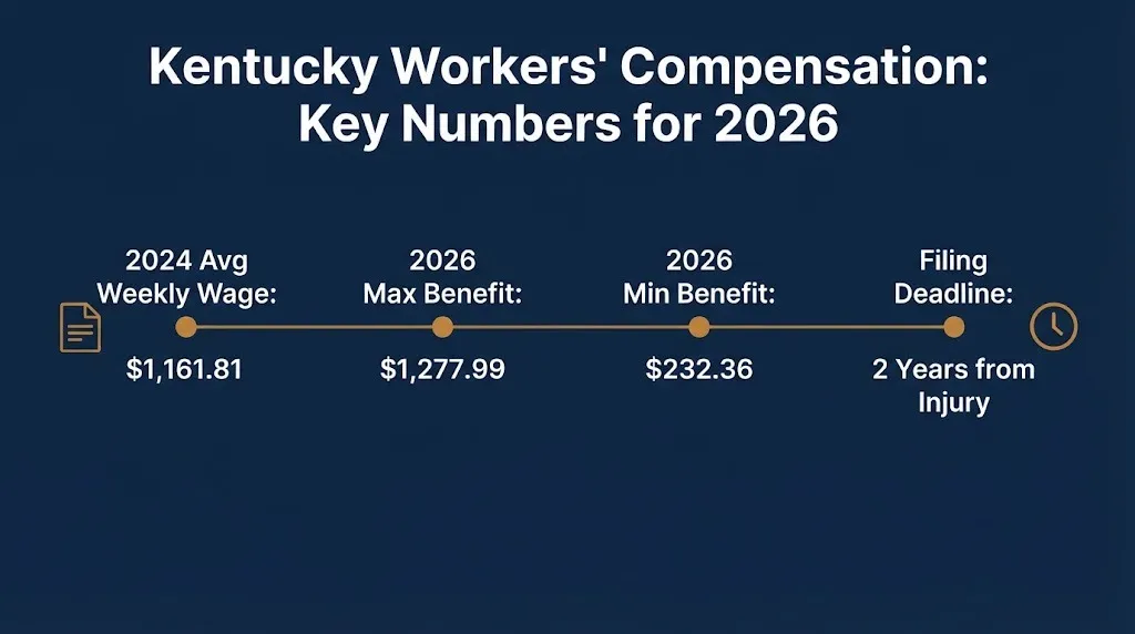Timeline graphic lists Kentucky workers' compensation 2026 benefit rates and the two-year filing deadline.
