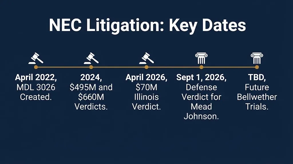 Timeline graphic of NEC class action lawsuit key dates from MDL 3026 creation through the September 2026 verdict.