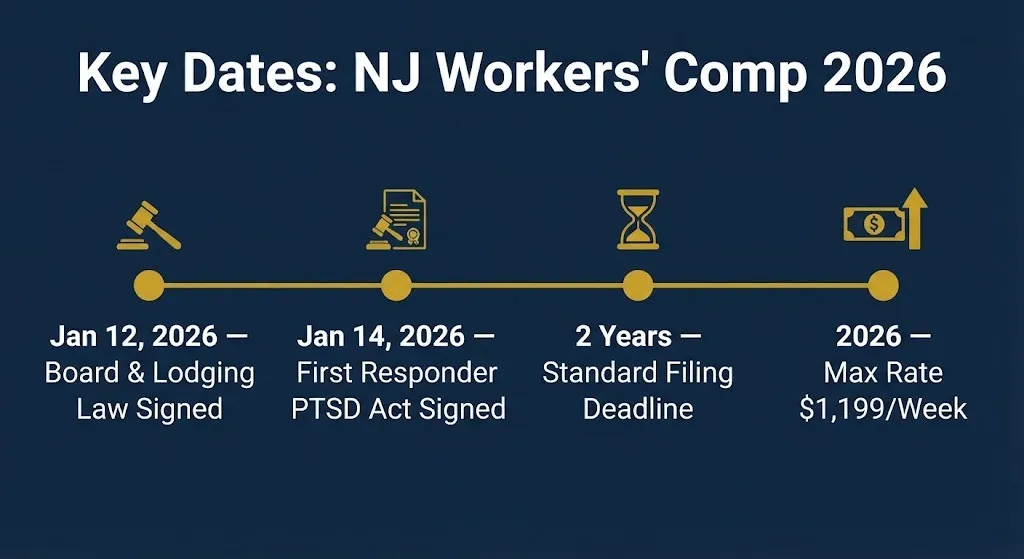 Timeline graphic of key 2026 New Jersey workers' compensation law dates and the current maximum weekly benefit rate.
