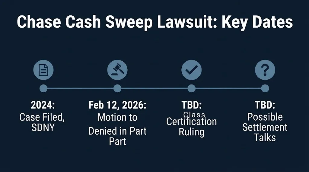 Timeline graphic of key dates in the Chase class action lawsuit cash sweep case through 2026.