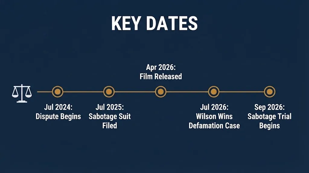 Timeline graphic of key dates in the Rebel Wilson lawsuit 2026 case involving The Deb film producers.