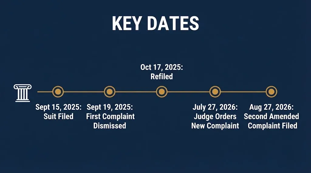 Timeline graphic of key dates in the Trump New York Times lawsuit 2026 case from filing to the latest amended complaint.