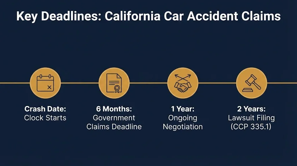 Timeline graphic showing California car accident settlement deadlines including the 2-year lawsuit filing limit.