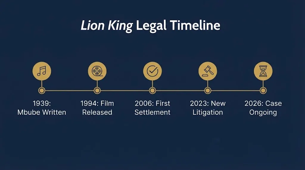 Timeline graphic showing Lion King legal milestones from 1939 song to 2026 ongoing copyright case.