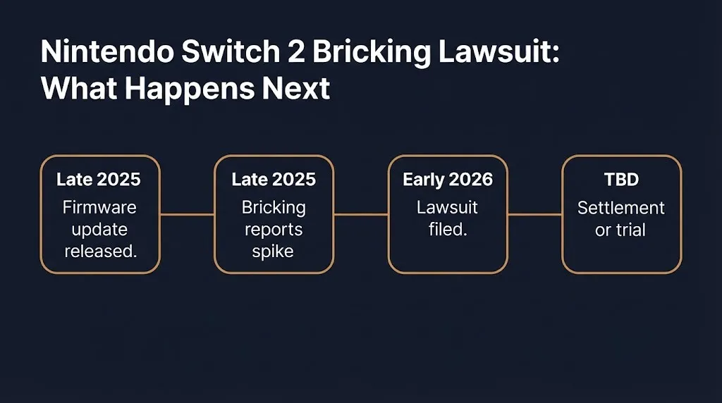Timeline graphic showing Nintendo Switch 2 bricking lawsuit milestones from 2025 update to unresolved 2026 litigation.