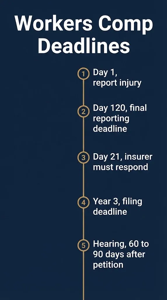 Timeline graphic showing Philadelphia workers compensation deadlines from injury report through hearing.