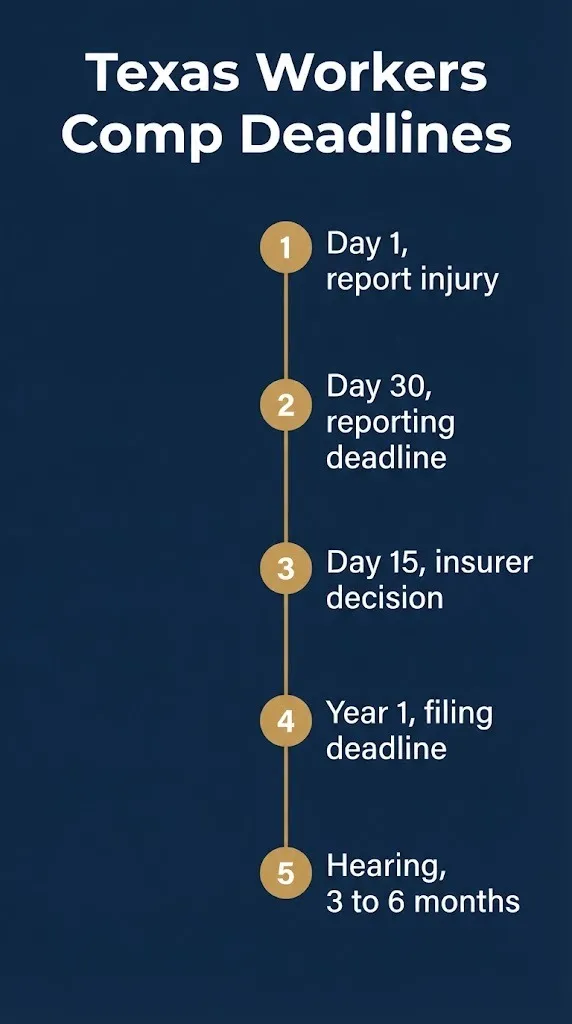 Timeline graphic showing Texas workers compensation deadlines from injury report through hearing.