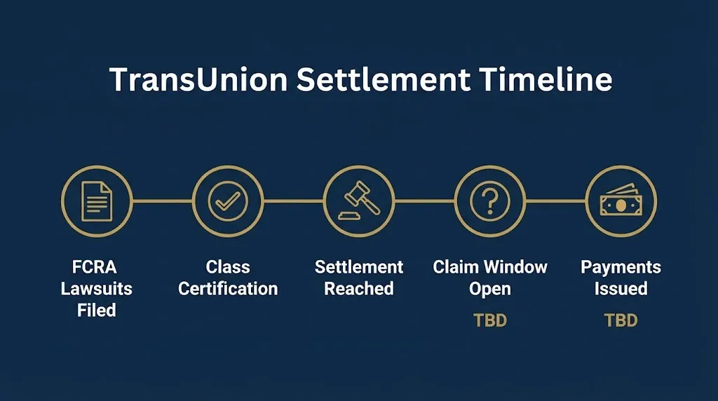 Timeline graphic showing TransUnion settlement milestones from filing to payment.