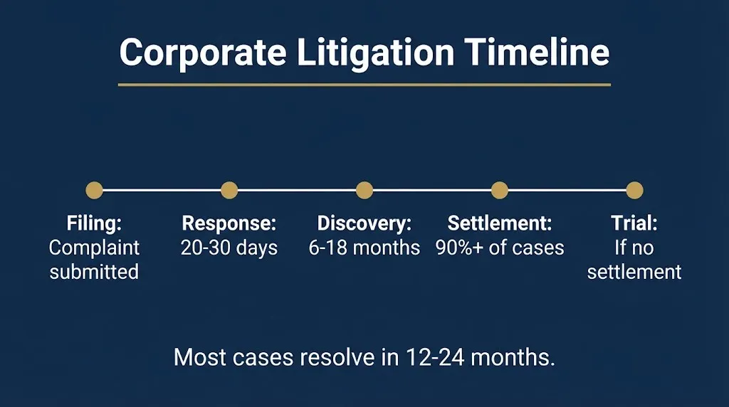 Timeline graphic showing corporate litigation stages from filing through discovery, settlement, and trial.
