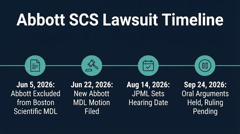 Timeline graphic showing key 2026 dates in the Abbott spinal cord stimulator lawsuit MDL process.