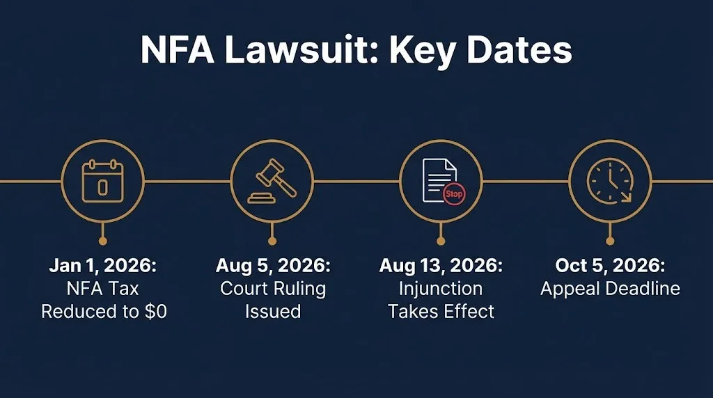 Timeline graphic showing key dates in the 2026 NFA lawsuit ruling and the government's appeal deadline.